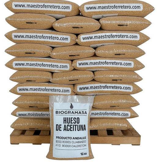 Biogramasa - Palet 77 Sacos de Hueso de Aceituna 15 kg-Biocombustible Ecológico para Estufas y Calderas, Bajo en Humedad, Alta Densidad.