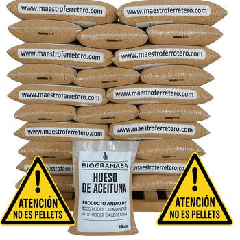 Biogramasa - Palet 77 Sacos de Hueso de Aceituna 15 kg-Biocombustible Ecológico para Estufas y Calderas, Bajo en Humedad, Alta Densidad.