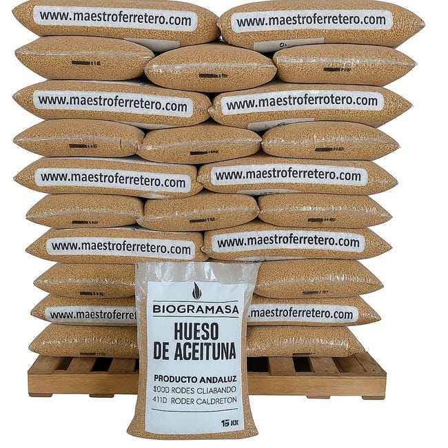 Biogramasa - Palet 77 Sacos de Hueso de Aceituna 15 kg-Biocombustible Ecológico para Estufas y Calderas, Bajo en Humedad, Alta Densidad.