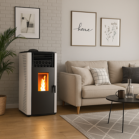 Estufa de pellets sellada Sannover Anita de 12 kW, color blanco + kit de instalación