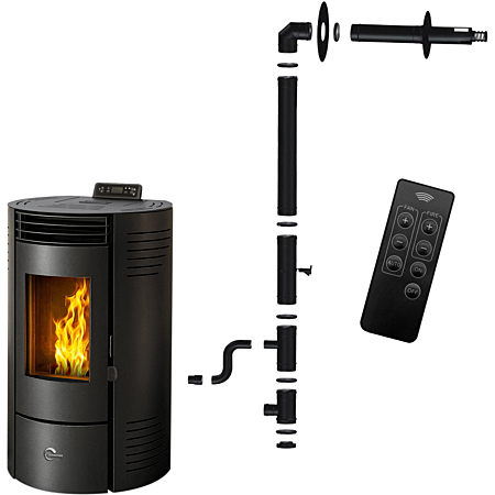 Estufa de pellets sellada negra Sannover Azora de 11,6 kW + kit de instalación